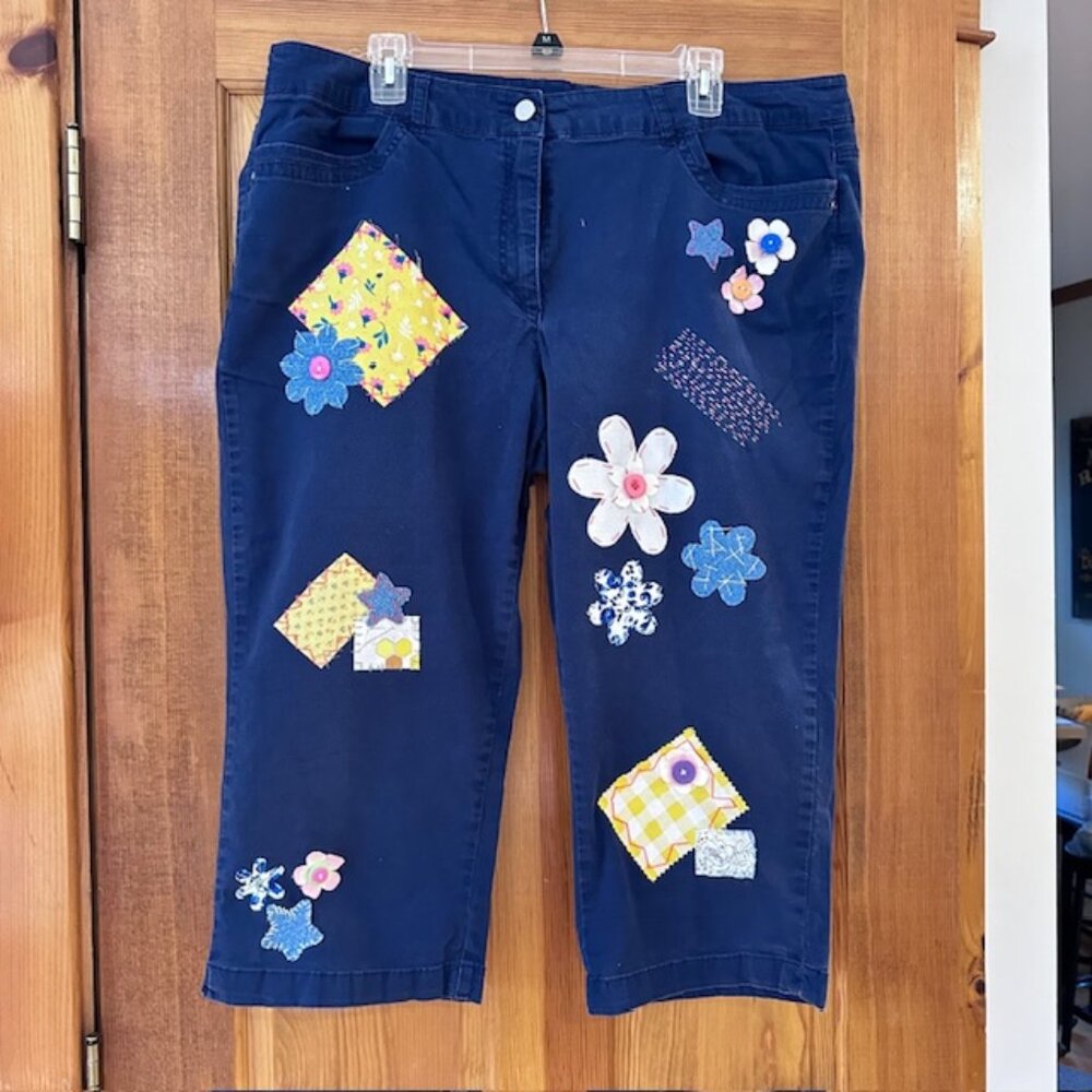 Briggs Cotton Spandex blend Blue Patchwork Recycled Upcycled Capri Pants Size 18